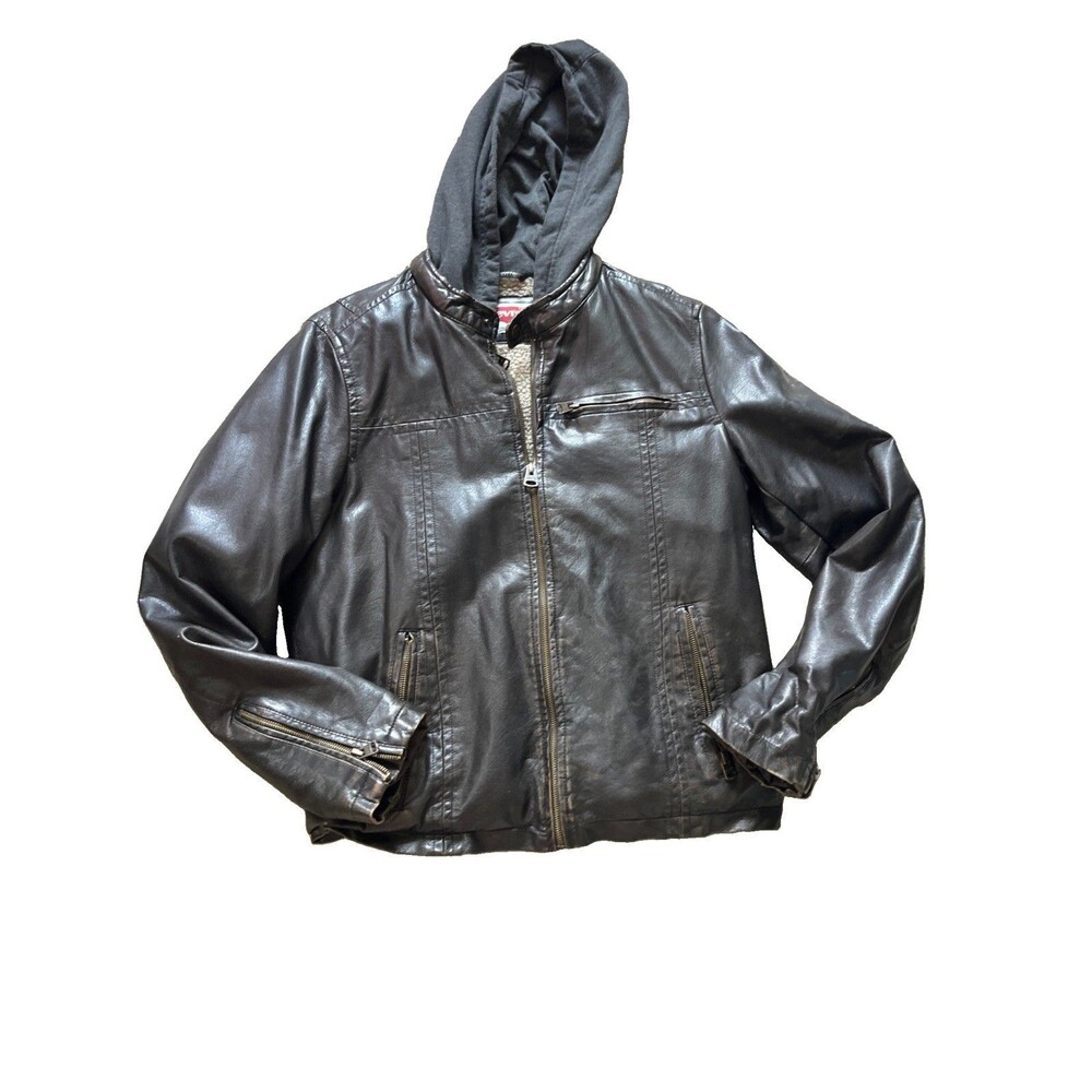 Levi Men's Faux Leather Sherpa Bomber Jacket Hooded Dark Brown Medium